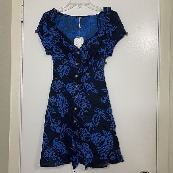 NEW! Free People A thing called love button front blue floral tie back dress - Picture 2 of 8